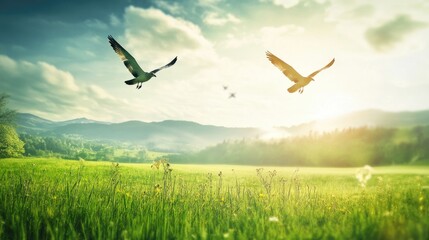 Two elegant birds in flight over a wide green meadow, with a bright sky and natural scenery providing a beautiful, realistic background