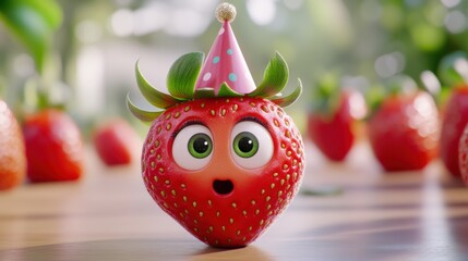 Sticker - A strawberry with a birthday hat on its head, AI