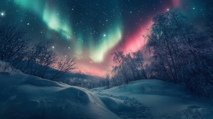 A close-up of the Northern Lights with a snow-covered foreground, showing intricate patterns and bright colors in the night sky.