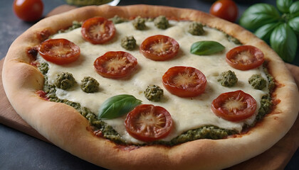 Wall Mural - pizza with pesto, sun dried tomatoes, and mozzarella cheese