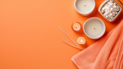 Wall Mural - A towel, candles and marshmallows on an orange background, AI