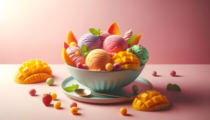 Creative food concept. Scoop balls of colourful gelato sorbet ice cream in dessert bowl with fruits slices mango mangoes on pastel pink background. copy text space