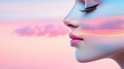 Sticker - A woman with her eyes closed and a pink sky behind, AI