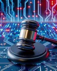 Judges gavel hovers in a high-tech, virtual space, symbolizing the enforcement of cybersecurity laws and regulations within an abstract technological environment (18)