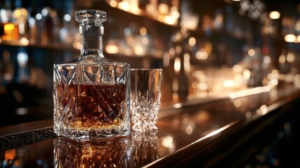 A glass bottle of premium whiskey on a polished wooden bar top, accompanied by a crystal glass and a dim, elegant atmosphere in the background.