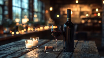 A glass bottle of red wine with a corkscrew beside it, sitting on a rustic wooden dining table with candles and a cozy evening atmosphere.