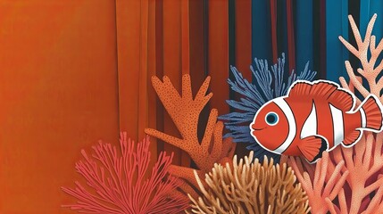 Colorful underwater scene featuring a clownfish among vibrant coral reefs in warm orange tones.