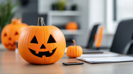 A vibrant Halloween themed business meeting with pumpkins and decorations