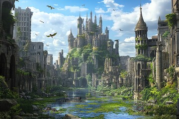 A sprawling fantasy landscape merges with urban decay