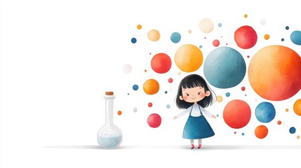 A cheerful girl stands beside a beaker, surrounded by colorful abstract circles, symbolizing creativity and science.