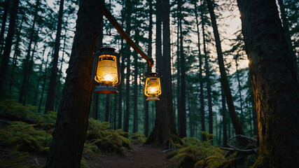 Poster - Camping lantern hanging from a tree branch with a forest trail