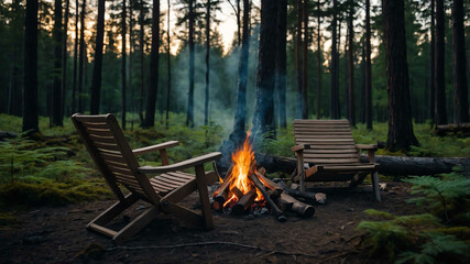 Foldable chair set near a campfire in a forest clearing