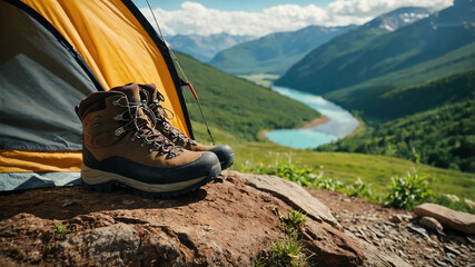 Wall Mural - Pair of hiking boots sitting at the entrance of a tent with a valley view