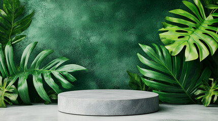 Tropical Green Background with Stone Podium for Product Display