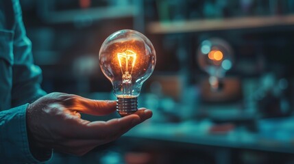 Wall Mural - Hand holding a glowing vintage light bulb in a creative workshop