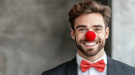 Poster - A man with a red nose and bow tie wearing a suit, AI