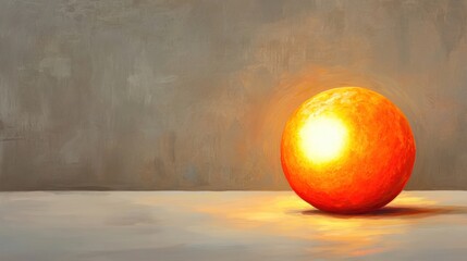 Poster - A painting of an orange sitting on a table with the sun shining, AI