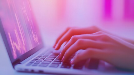 Canvas Print - A person typing on a laptop computer with their hands, AI