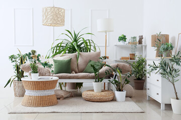 Canvas Print - Interior of light living room with couch, table and green plants