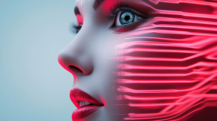 Poster - A close up of a woman's face with glowing red lights, AI