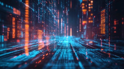 abstract digital data stream in glowing blue and orange lights