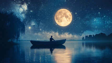 A man is sitting in a boat on a lake at night, under a bright full moon and a starry sky.