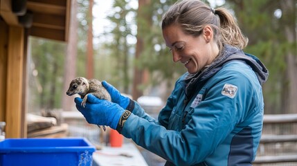 dedicated wildlife veterinarian carefully tending to an injured animal in its natural habitat, showc