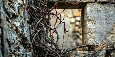 Twisted Vines of Entanglement: Tangled vines snaking through the ruins, a testament to nature's persistence even in the face of human destruction.