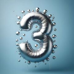 number 3 silver balloon isolated on blue background