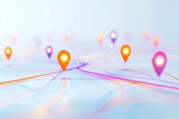 Wall Mural - Colorful glowing location pins on abstract digital map interface