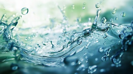 Clear water splash in mid-motion with soft green background