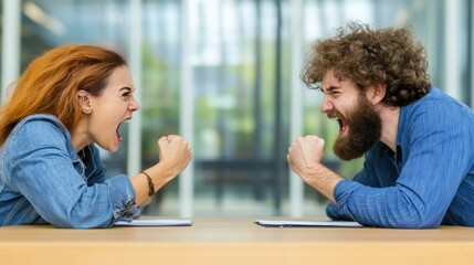 Sticker - A man and woman sitting at a table with their fists up, AI