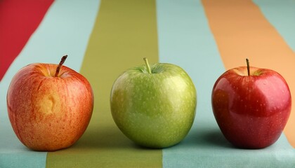 Wall Mural - three different types of apples are vertically aligned on colored tablecloths with large spaces for writing