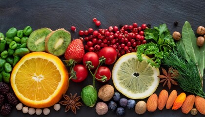 Wall Mural - a culinary rainbow fresh fruits herbs and spices arranged artfully on a dark slate background bursting with vibrant colors and textures