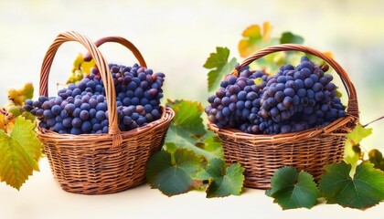 Wall Mural - ripe purple grapes in wicker baskets surrounded by green vine leaves autumn harvest and vineyard abundance