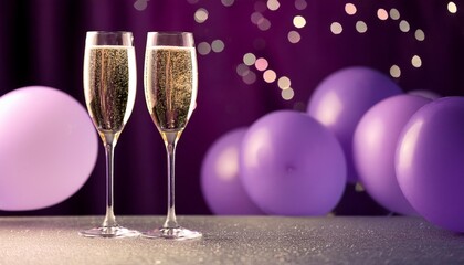 two champagne flutes filled with champagne are on a table with purple balloons