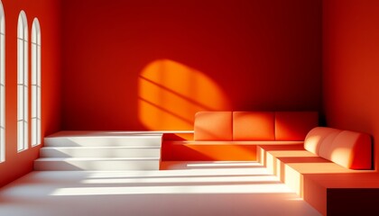 Wall Mural - Modern Orange Sofa and White Stairs in an Empty Room