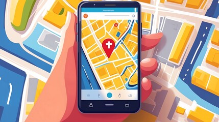 Wall Mural - Hand holding smartphone with map and red location pin