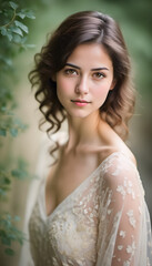 Wall Mural - A young woman with wavy brown hair and a soft expression, wearing a delicate, floral-embroidered dress. She is surrounded by greenery, creating a serene and ethereal atmosphere.