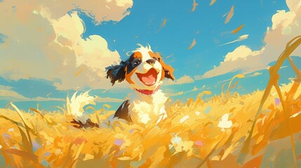 Wall Mural - Whimsical illustration of a playful cartoon puppy as a charming character in a colorful painting