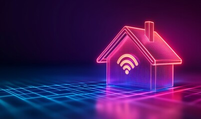 Poster - Neon glowing house with WiFi symbol on digital grid