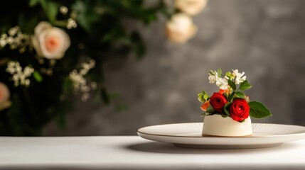 Vibrant Gourmet Dish with Artful Plating Flowers and Elegant Tabletop Setting