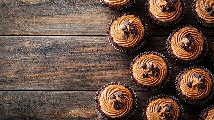 Chocolate cupcakes with chocolate frosting and chocolate chips on a rustic wooden background.