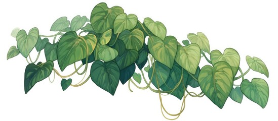 Heart shaped green leaves of a Cowslip creeper vine entwined around a wild liana plant set against a white background with a clipping path included