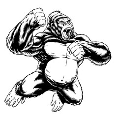 Wall Mural - angry gorilla jumping illustration black and white