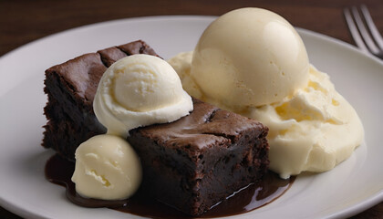 Poster - piece of a brownie with vanilla ice cream on top	