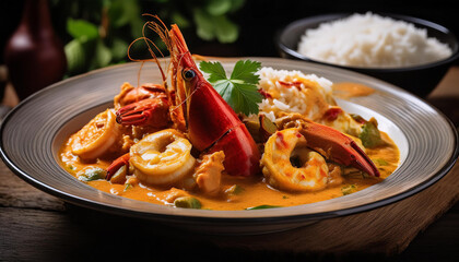 Seafood curry dish with prawns, crab, and squid in coconut milk sauce served with rice