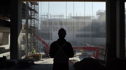 Experienced construction foreman overseeing a busy building site with construction workers and heavy machinery in action