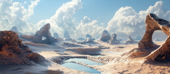 Wall Mural - Surreal 3D landscape illustration featuring a foreground with sinuous rock shapes