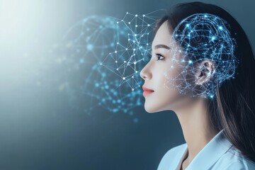 Poster - Woman in profile with blue neural network overlay symbolizing human connectivity brain power and the fusion of technology and thought in a scientific digital context